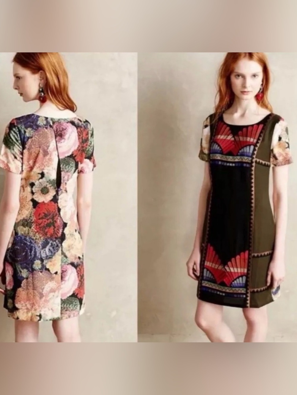 Anthropologie Ranna Gill Embroidered Floral Shift Dress Black‎ Olive Size 4